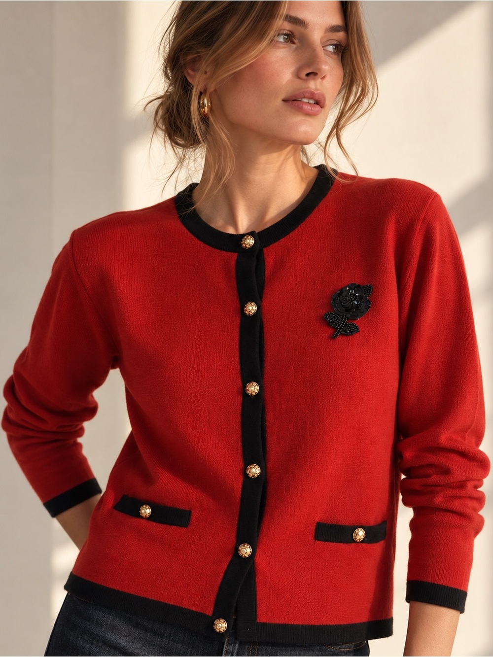 Vintage Jaeger Wool Brick Red Black Contrast Cardigan Sequin Rose